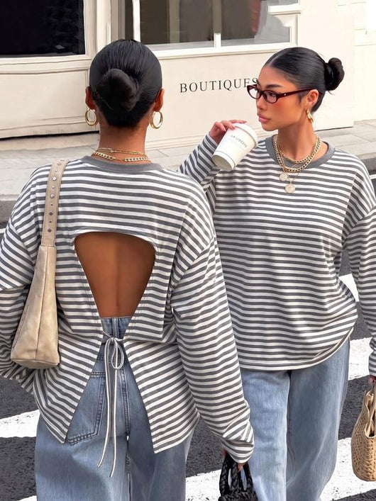 Striped Open Back Tie Long Sleeve
