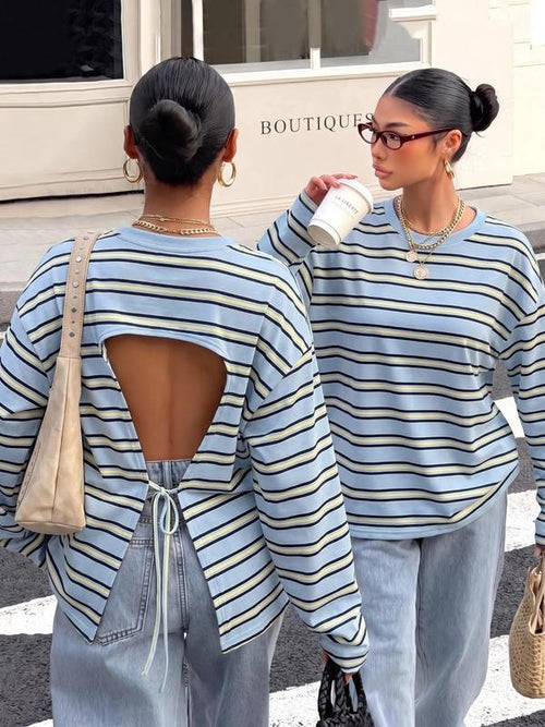 Striped Open Back Tie Long Sleeve