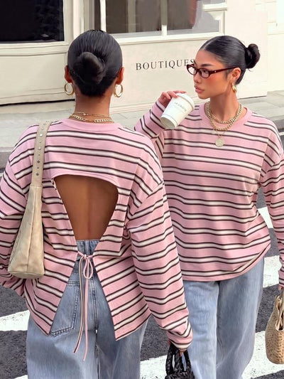Striped Open Back Tie Long Sleeve