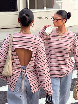 Striped Open Back Tie Long Sleeve