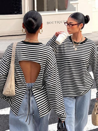 Striped Open Back Tie Long Sleeve
