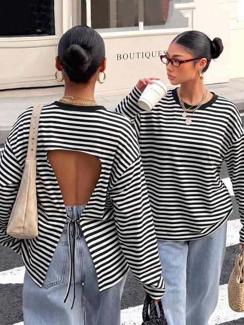 Striped Open Back Tie Long Sleeve