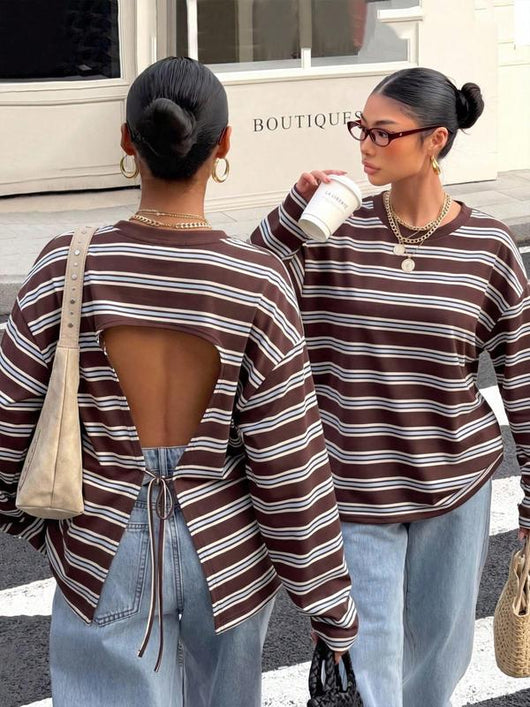 Striped Open Back Tie Long Sleeve